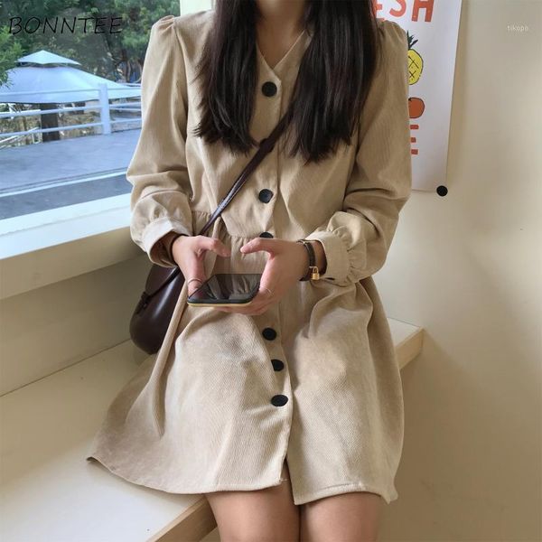 

casual dresses long sleeve dress women solid elegant student simple korean ulzzang buttons all-match womens clothing chic harajuku fashion1, Black;gray