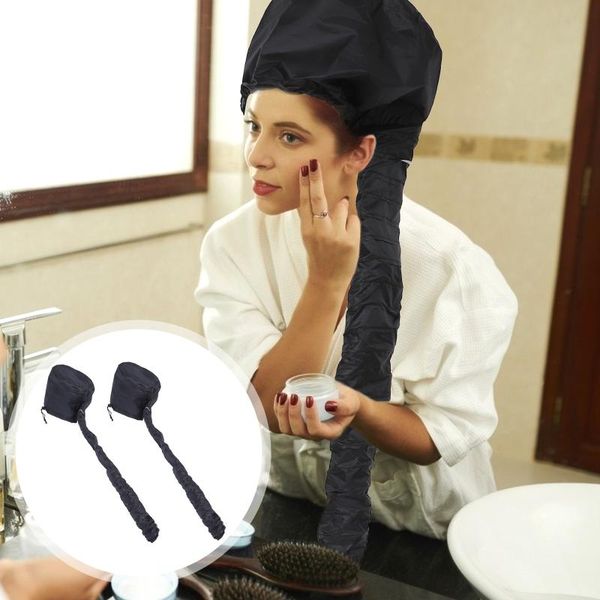 

shower caps 2pcs elastic loose steamer 190t hair care hats with long tube (black)