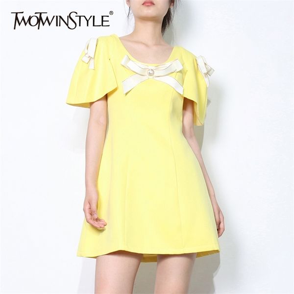 

yellow sweet dress for women o neck short sleeve high waist patchwork bowknot mini dresses female summer style 210520, Black;gray