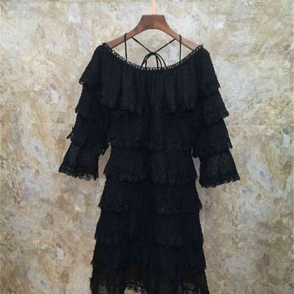 

capris arrival 2021 summer club party ladies slash neck cascading ruffle lace patchwork 3/4 sleeve sweet lolita, Black;gray