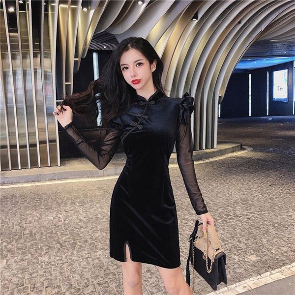 

casual dresses spring autumn women's dress retro velvet mesh stitching slimming split short cheongsam long sleeve ll173, Black;gray