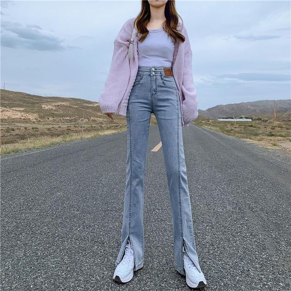 

women's jeans 2021autumn stretch high waist small split slimming wide-leg bell-bottoms cropped pants, Blue