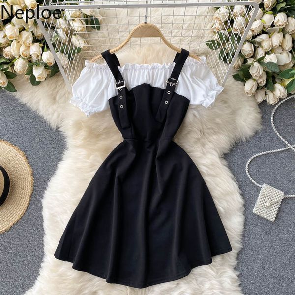 

neploe summer dress square collar contrast color ruffles short sleeve vestidos korean chic off shoulder slim sweet dresses women 210422, Black;gray