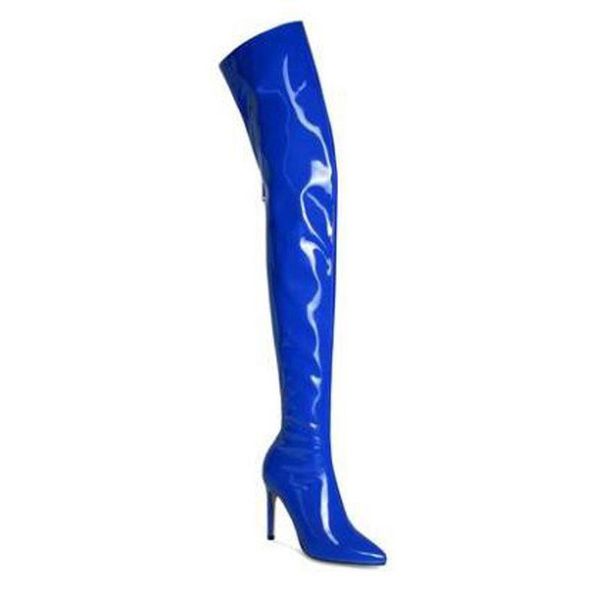 

boots pointed stiletto heels red white blue patent leather women's with zipper back over the knee size 45, Black