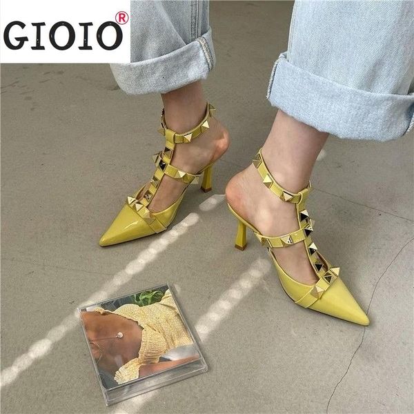 

sandals rivets pumps woman shoes summer high heel all-match comfort women thin lady wedding pointed toe, Black