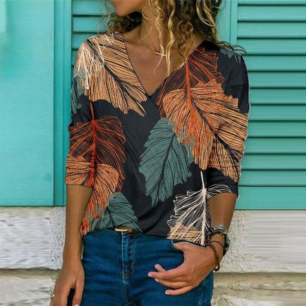 

women's blouses & shirts woman casual shirt 2021 autumn loose v neck floral print pullover ladies blouse fashion vintage long sleeve el, White