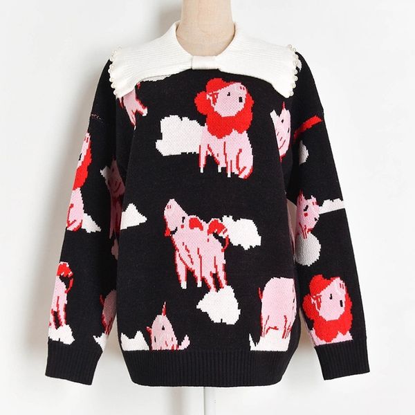 

women's jumpsuits & rompers winter hit color beaded bowknot lapel cartoon knitted thick sweater long sleeve knit fashion yk8l, Black;white