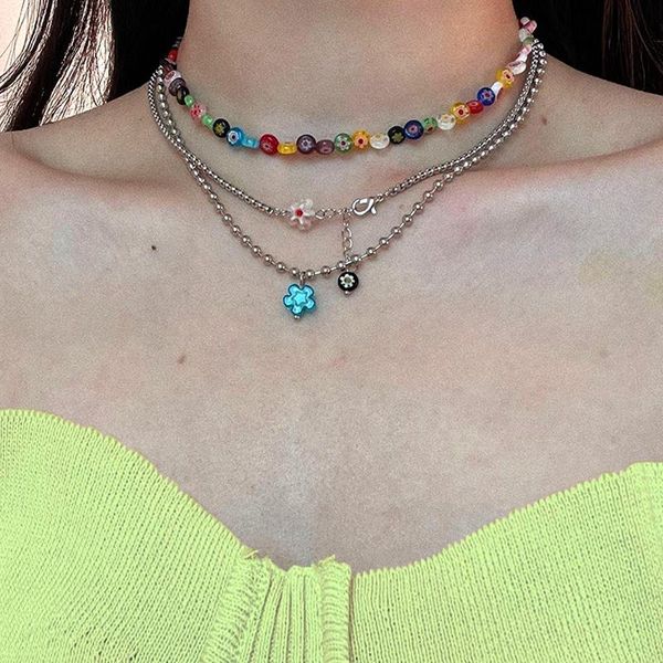 

pendant necklaces y2k jewelry 3cps rainbow flower necklace for women metal bohemian diy nostalgic harajuku vintage charms 90s aesthetic, Silver