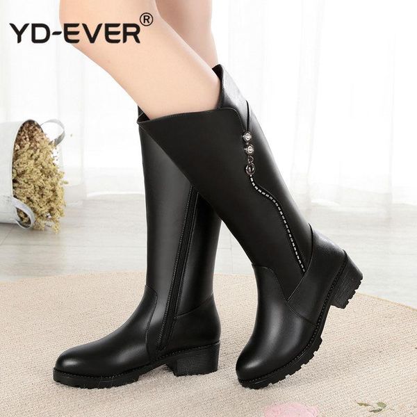

boots knee women genuine leather winter comfortable warm wool women's long shoes, Black