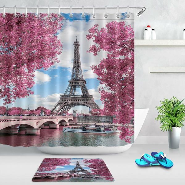 

paris eiffel tower pink leaves fabric shower curtain set curtains