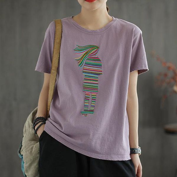 

johnature summer loose leisure o-neck short sleeve character t-shirts simple comfortable all-match 3 color women 210521, White