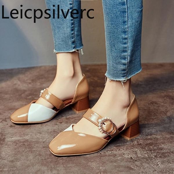 

dress shoes pumps spring and autumn metal decoration square head shallow mouth buckle thick heel mid women's shoe plus size 30-43, Black