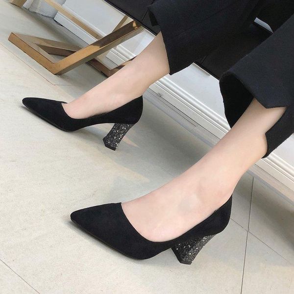 

dress shoes 2021 spring thick and wild rhinestone shallow mouth pointed single women, Black