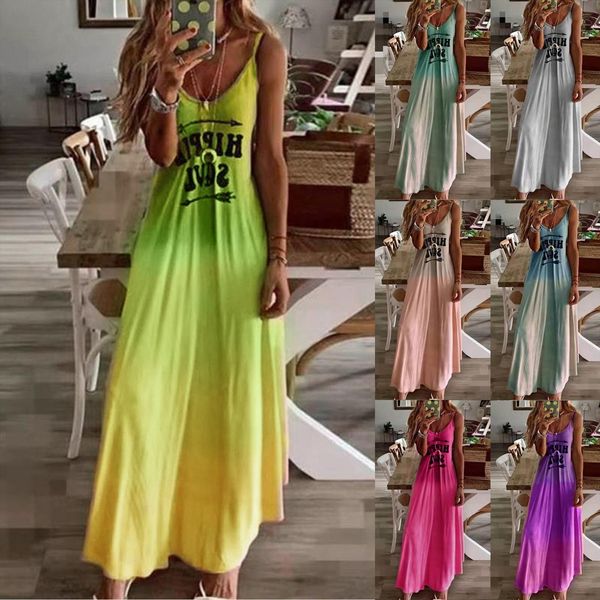 

sleeveless v neck camisole women dresses a line casual gradient long for fashion mujer vestido, Black;gray