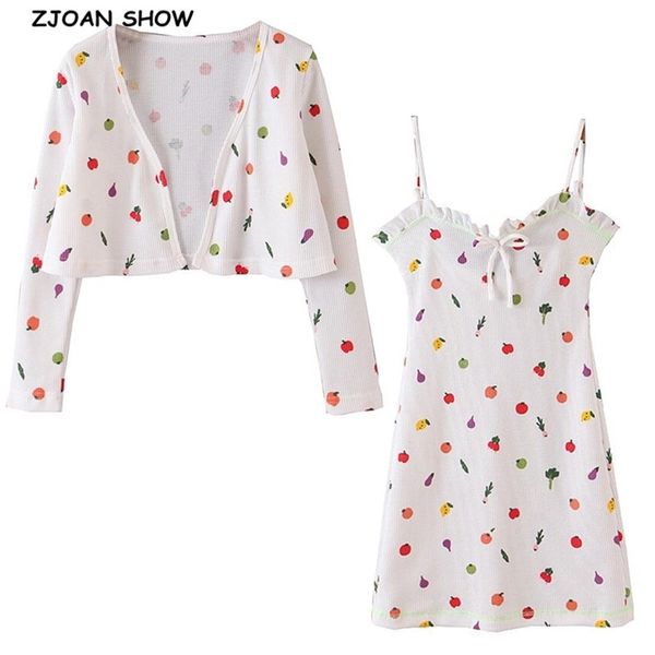 

spring retro white colored fruit print cardigan korea long sleeve knitted sweater wood ears tie bow v neck mini dress 1 set 210429, White;black