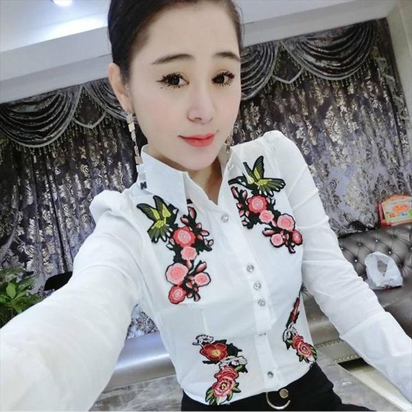 

embroidered long sleeve lapel women blouses spring autumn blusas ropa de mujer, White