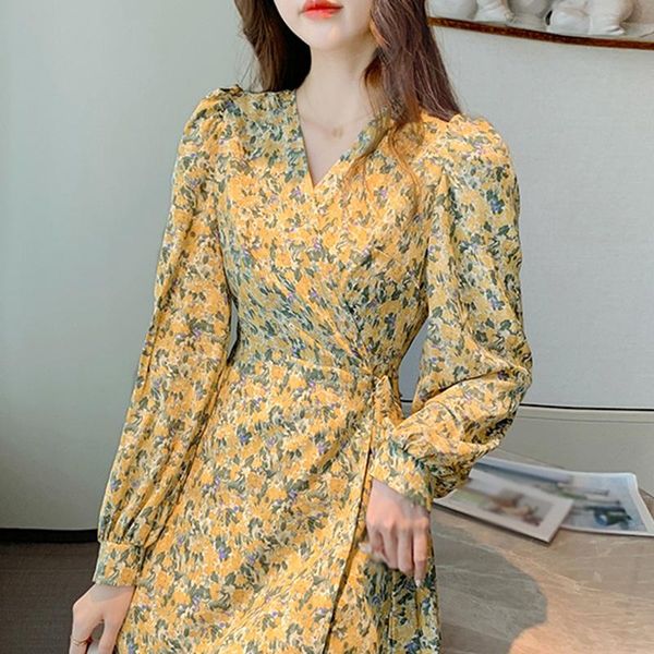 

casual dresses autumn korean style retro french slim thin floral long sleeve dress, Black;gray