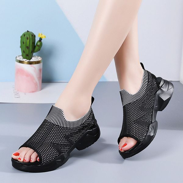 

summer sandals ladiess sneakers 2021 mesh breathable casual fashion women platform wedges plus size slip on comfortable shoes, Black