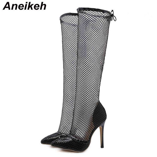 

spring women mesh high heels shoes thin pumps knee-high roman party sandals modern boot solid lace-up 210507, Black