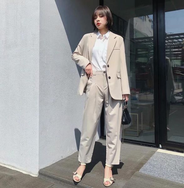 

suit pants 2021 autumn women solid single button blazer jacket coat+zipper trouser female office lady 2 pieces set mujer, White