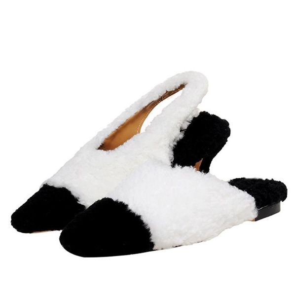 

style fashion fur slippers female black white color matching all-match flat outside mule shoes fairy women half