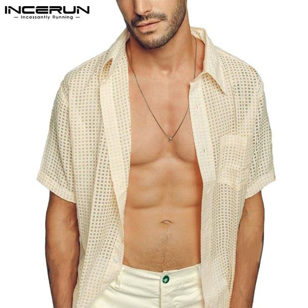 

men's casual shirts incerun fashion men shirt mesh transparent lapel short sleeve 2021 summercasual clothing streetwear party s-5xl, White;black