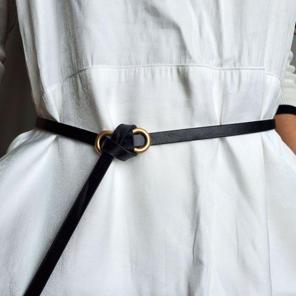 

belts fashion knot pu leather for women gold metal buckle thin belt female lady long strap dress jeans accessories, Black;brown