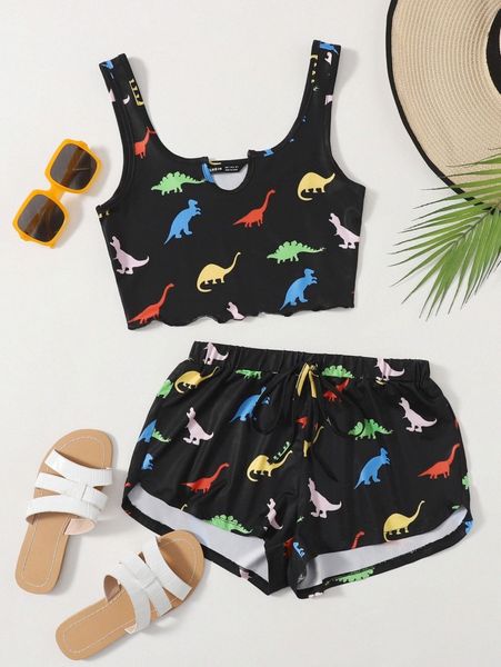 

lettuce hem dinosaur print tank & shorts set m0ug#, White