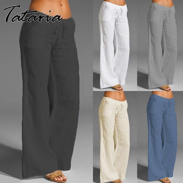 

women's cotton linen pants high waisted harem loose soft elastic waist white summer pants blue casual trousers for female 210319, Black;white