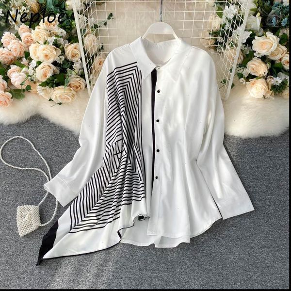 

neploe irregular women shirt patchwork shirts korean fashion single breasted long sleeve blouse loose casual turn down collar blusa, White