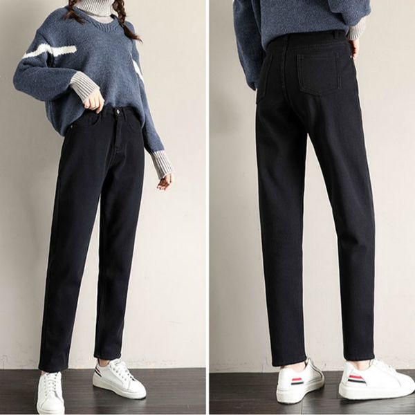 

guuzyuviz loose winter female high waist straight thicken warm jeans for woman casual velvet pants, Blue
