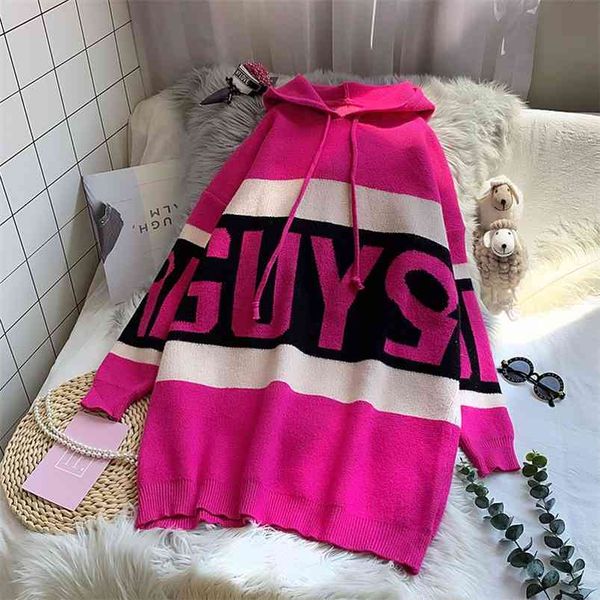 

winter women clothing hooded sweater and pullovers long knitwear pull jumpers vestido mujer invierno letters 210430, Black;gray