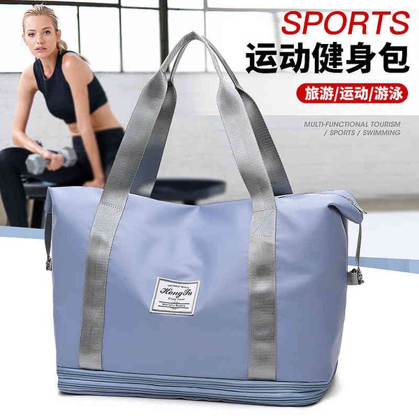 

double-layer expandable sports travel bag large capacity satchel dry wet separation yoga bag fitness, Blue;pink