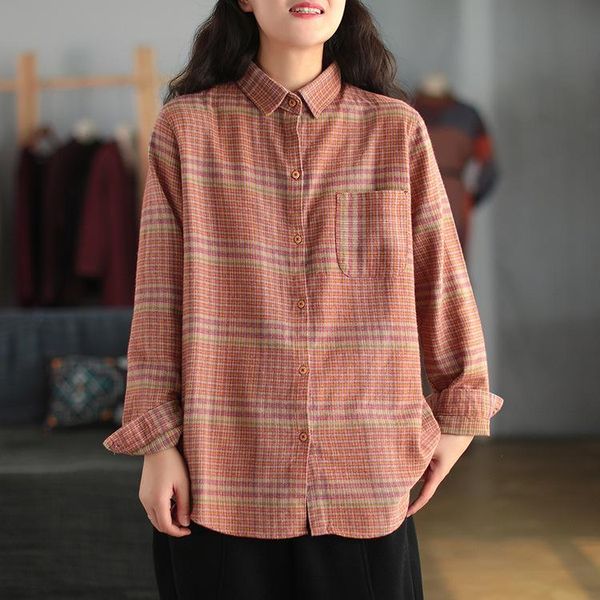 

women's blouses & shirts 2021 mori girl spring 100% cotton plaid vintage loose long sleeve casual shirt top, White