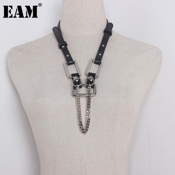

[eam] 2021 spring solid color split joint leather square buckle belt women necklace accessories fashion tide all-match ja551 chains, Silver