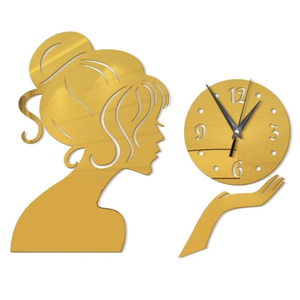 

wall clock girl mirror sticker acrylic waterproof decal home living room decors quartz scanning silent movement clocks