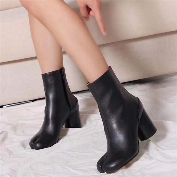 

split toe genuine cow leather ankle boots women round chunky high heels short shoes ninja tabi, Black