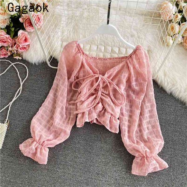 

chiffon blouse women apring autumn solid sweet short v-neck puff sleeve shirts korean chic wild blouses 210531, White