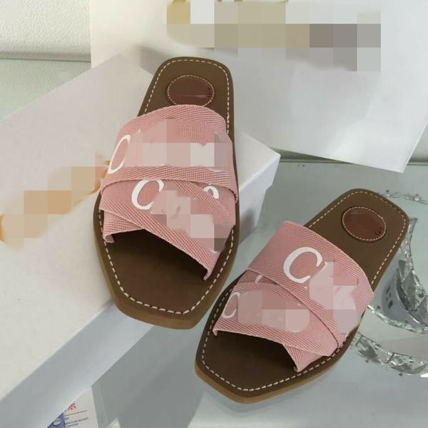 

Newest Branded Women Woody Mules Fflat Slipper Deisgner Lady Lettering Fabric Outdoor Leather Sole Slide Sandal mjj001