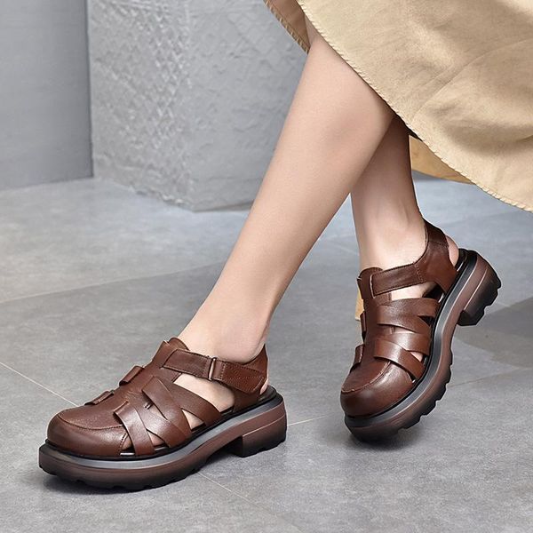 

women sandals summer shoes ladies genuine leather gladiator retro casual handmade platform sandalias de mujer, Black