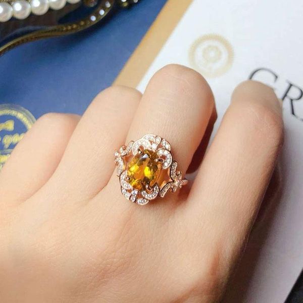 

cluster rings colife jewelry vintage 925 silver citrine ring 8mm*10mm real sterling gift for woman, Golden;silver