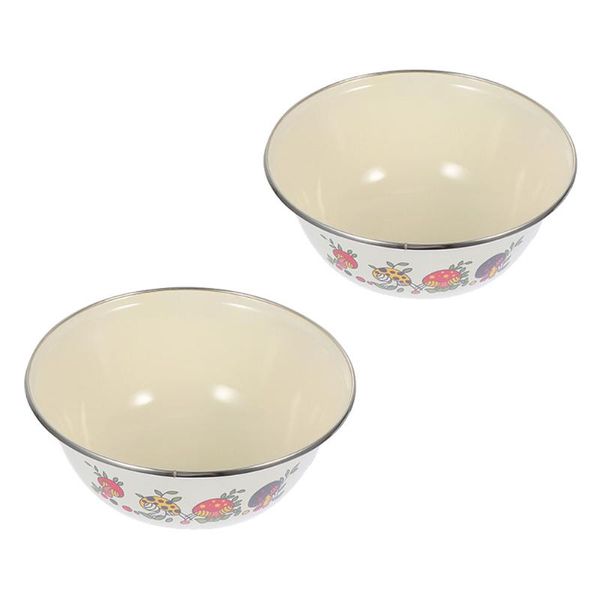 

bowls 2pcs durable iron enamel basins retro containers (beige)