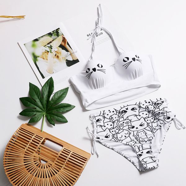 

split swimsuit strap printed fashion bikini, White;black