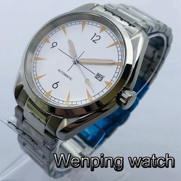

bliger 40mm men's casual business watch silver case sapphire glass white dial date luminous nh35 movement automatic wristwatches, Slivery;brown