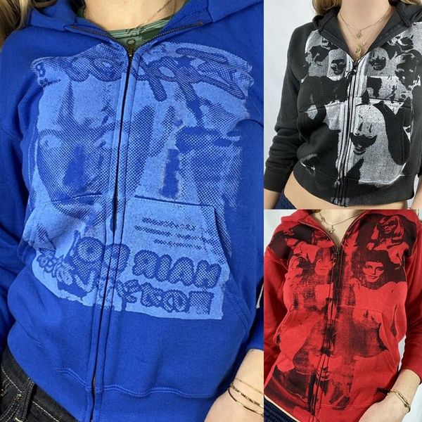 

women's jackets null women autumn zip up hoodie jacket harajuku gothic punk abstract portrait graphic hip hop sweatshirt coat long slee, Black;brown