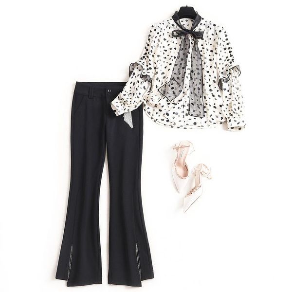

two piece dress designer 2021 spring summer women 2 set long sleeve lace up print blouse + flares pants twinset suit, White