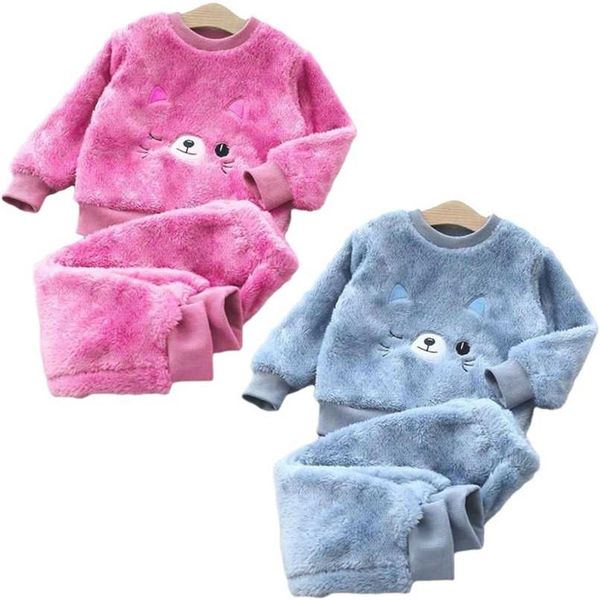 

winter baby boy girl thicken pajamas set flannel fleece toddler child warm catoon sleepwear kids home suit 1-6y 211023, Blue;red