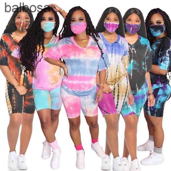 Fatos de treino de grife verão curto 3 conjuntos de duas peças tie dye conjunto casual com máscara facial roupas femininas manga curta camiseta ternos tamanho grande