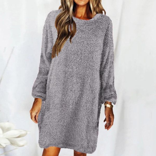

casual dresses solid daily loose women's lantern sleeve mini oversize sweater round collar knitting autumn robe femme, Black;gray