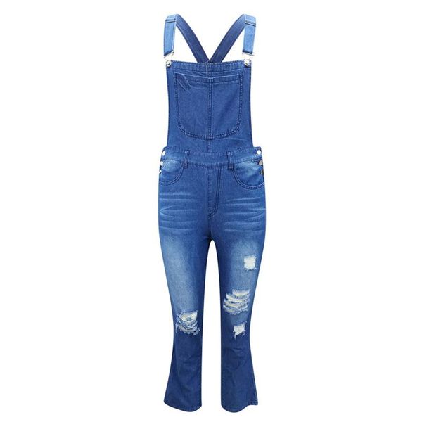 

women's jeans fashion personalized street denim ripped pocket double strap jumpsuit overalls casual loose rompers female solid, Blue